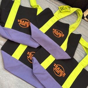 Trader Joe's Black Tote with Neon Yellow Straps & Purple Base